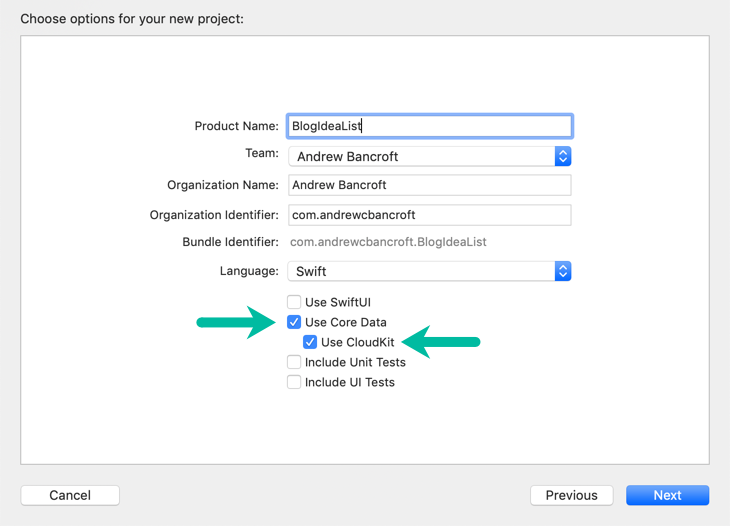 Enable Core Data and CloudKit