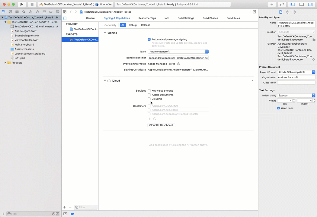 Xcode 11 - Does Not Create Default Container