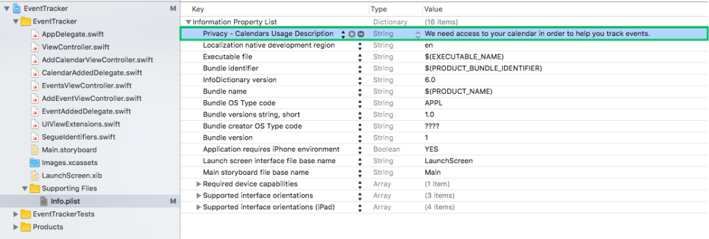 Info.plist Calendar Usage Description