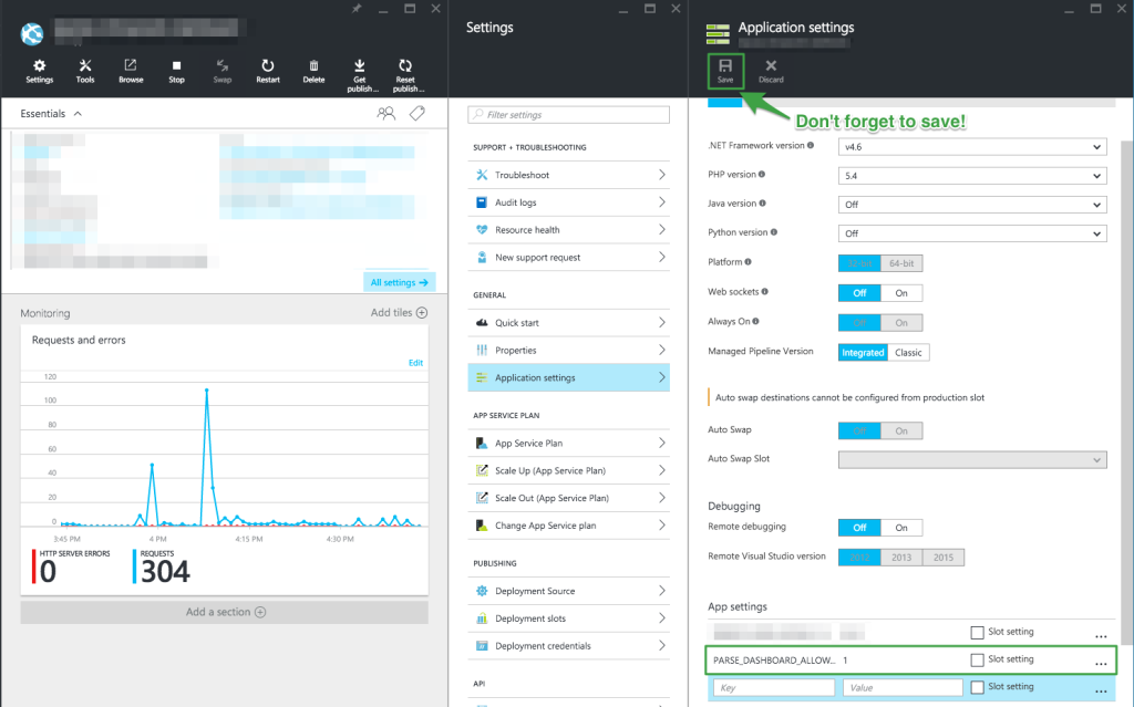 Azure App Settings for PARSE_DASHBOARD_ALLOW_INSECURE_HTTP