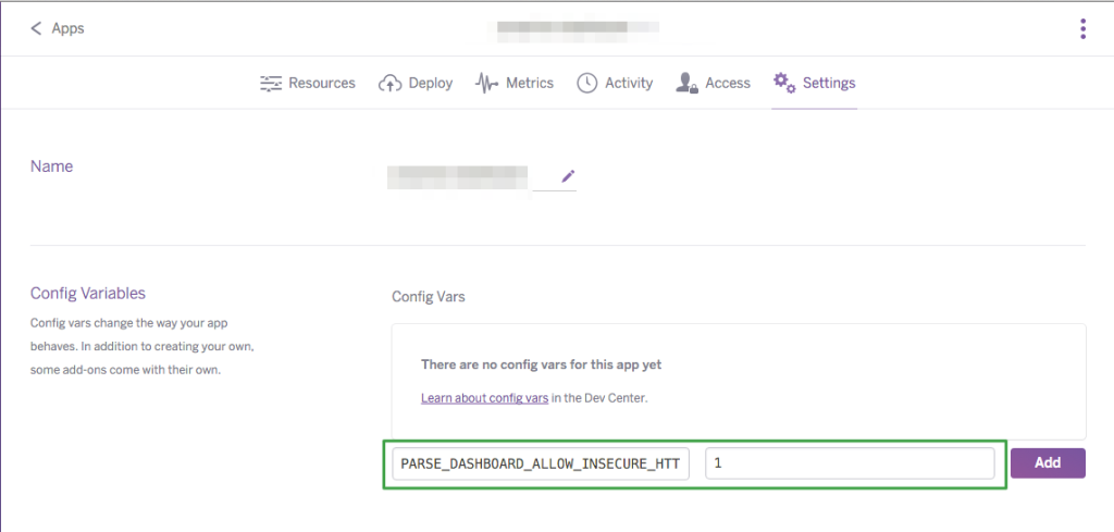 Heroku Config Vars PARSE_DASHBOARD_ALLOW_INSECURE_HTTP